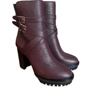 Vince Camuto Elisen Strap Buckle Mid Calf Heel Boots Size 6 Lug Sole Elderberry